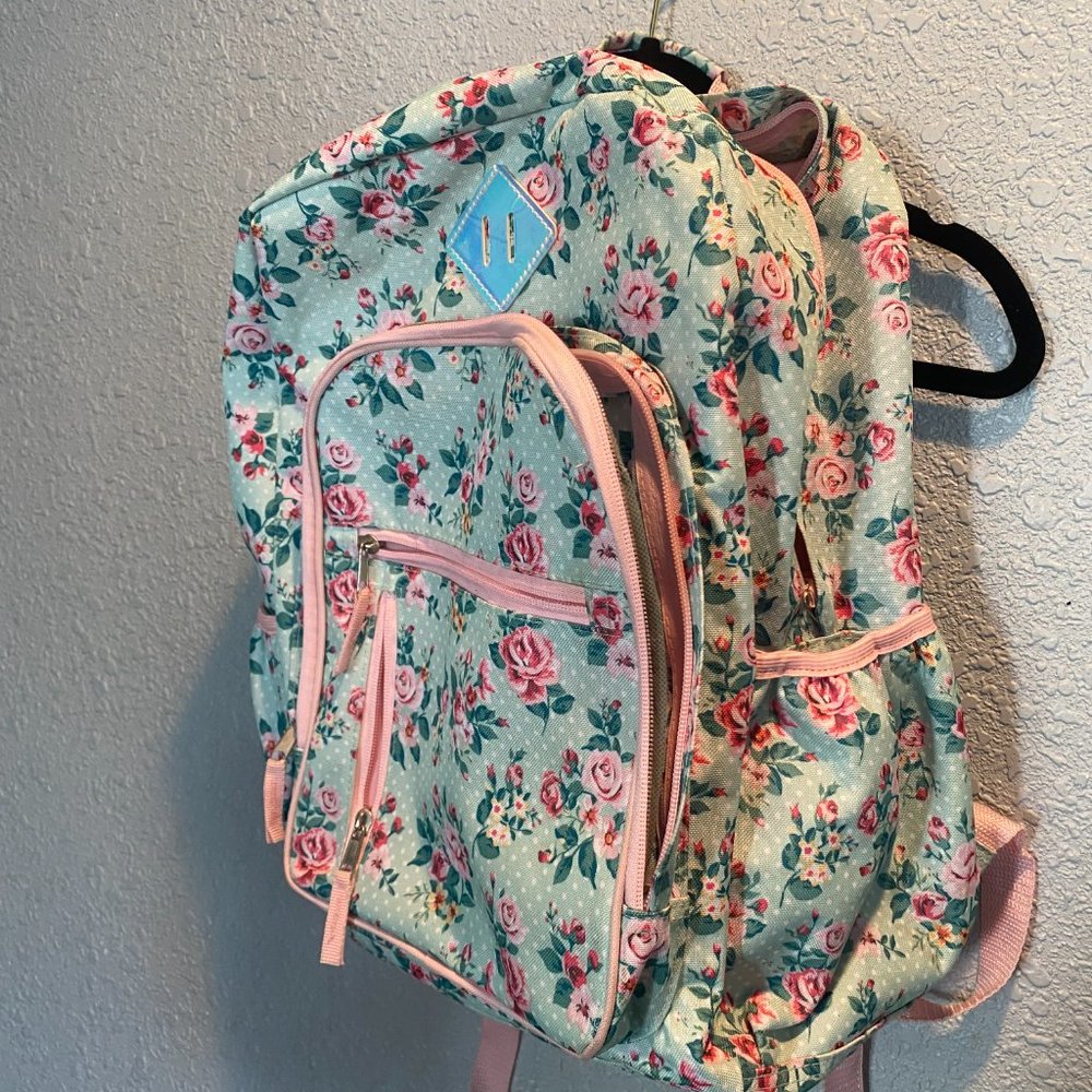 Light Blue Floral Pink Roses Backpack - Picture 3 of 8
